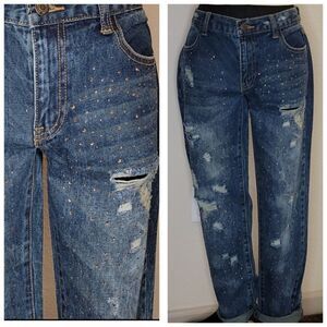 Litz Mid Rise Distressed Jeans with gold bling